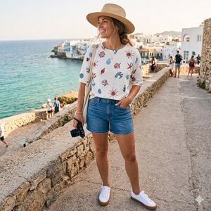 NWT Bobeau White Sea Life Print Elbow Sleeve Top Size Small